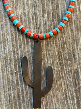 🌵 Kingman Turquoise & Orange Coral with Saguaro cactus charm Necklace 🌵